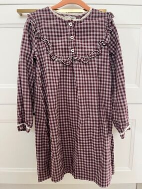 Petite Lucette Girls Burgundy & Cream Gingham Button Front Dress